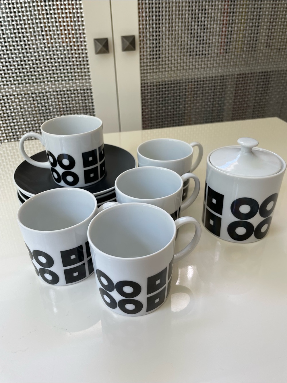 Vintage Japanese Black & White Porcelain Coffee Cup Set with Sugar Jar